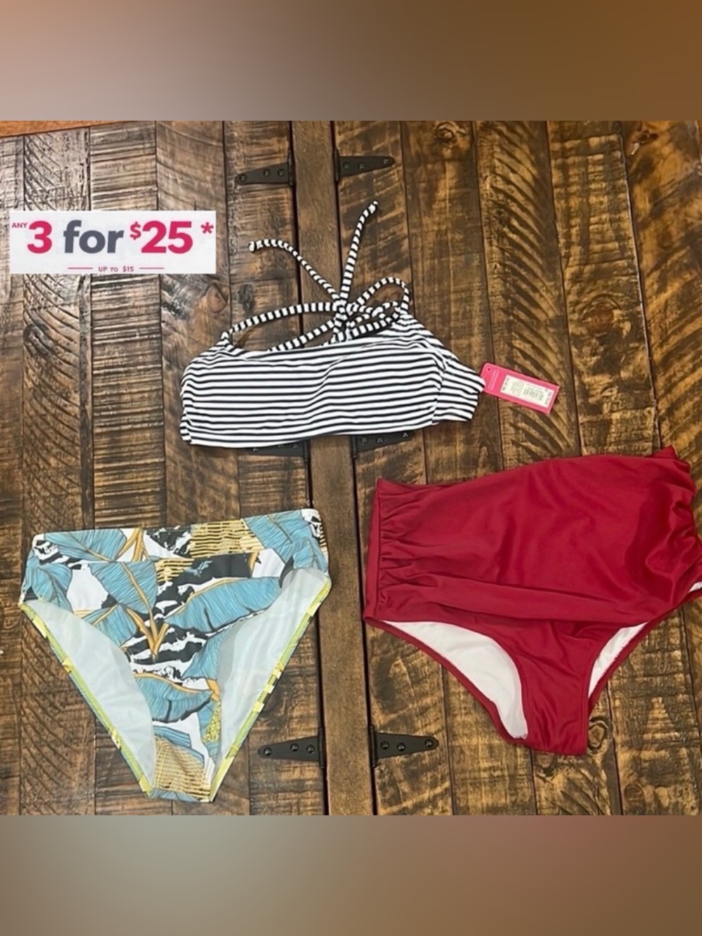 Striped Bikini Top and Red High-Waisted Bottoms bundle